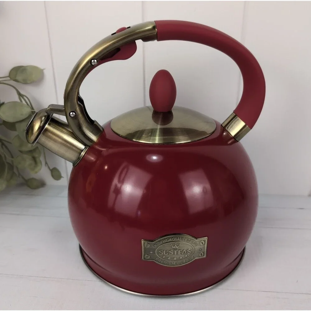 Whistling Tea Kettle Red Susteas Stovetop Teapot 3 Qt Stainless Steel